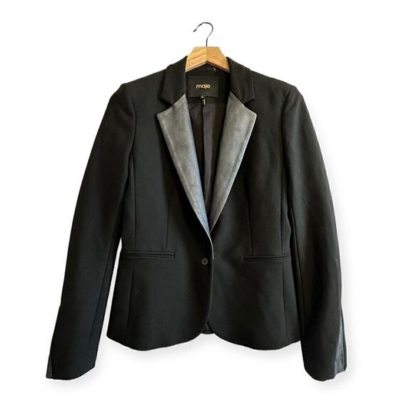 Maje Ritz Black Blazer with Lamb Leather Trim, Size 36FR - Picture 2 of 14